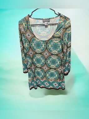 INC International Concepts Teal and Gold Medallion Scoop Neck Top